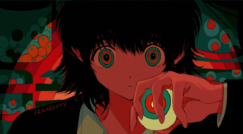 12anchovy 1girl abstract_background aqua_eyes black_hair bright_pupils eyeball fingernails highres holding_eyeball looking_at_viewer medium_hair messy_hair multicolored_eyes original pink_eyes signature solo upper_body white_pupils