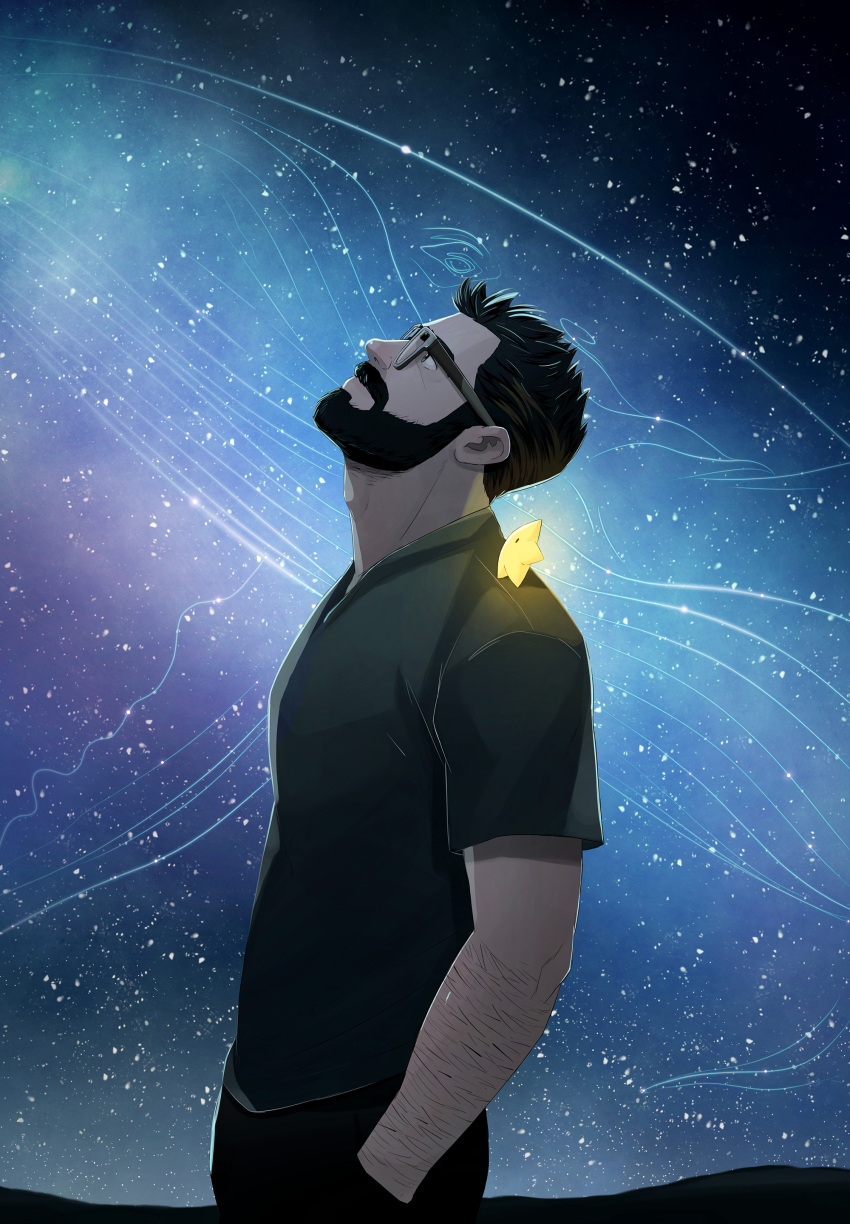 1boy absurdres arm_hair beard black_hair facial_hair glasses hand_in_pocket highres jojiart looking_up male_focus mature_male night night_sky original pants shirt sky solo star_(sky) starry_sky t-shirt upper_body whale