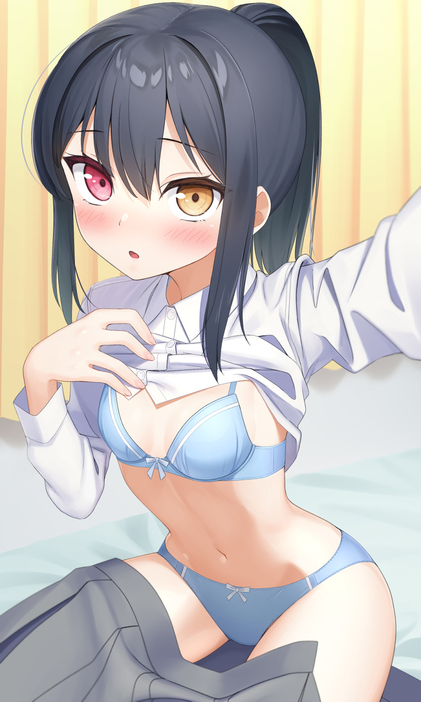 1girl apollo_(hu_maple) bangs black_hair blue_bra blue_panties blush borrowed_character bra breasts clothes_lift collared_shirt commentary_request commission grey_skirt hair_between_eyes heterochromia highres navel open_mouth original panties pleated_skirt ponytail red_eyes school_uniform selfie shirt shirt_lift sidelocks sittings skeb_commission skirt small_breasts solo underwear white_shirt yellow_eyes