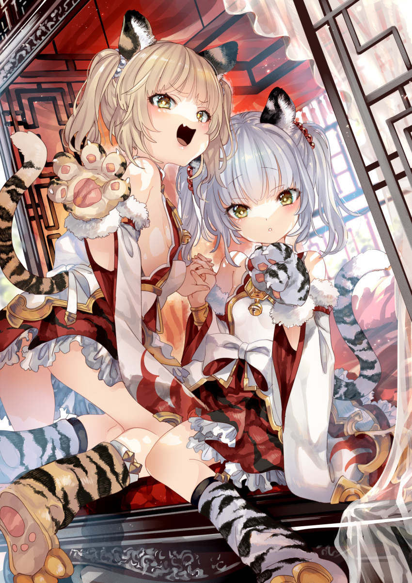 2girls animal_ears animal_hands animal_print bai_(granblue_fantasy) bare_shoulders blonde_hair blush breasts cidala_(granblue_fantasy) commentary_request detached_sleeves dress erune fang frilled_dress frills gloves granblue_fantasy highres holding_hands huang_(granblue_fantasy) kamizuki_shiki looking_at_viewer medium_hair multiple_girls open_mouth paw_gloves paw_shoes print_footwear siblings silver_hair sitting skin_fang small_breasts tail tiger_ears tiger_girl tiger_paws tiger_print tiger_tail twins twintails wide_sleeves yellow_eyes