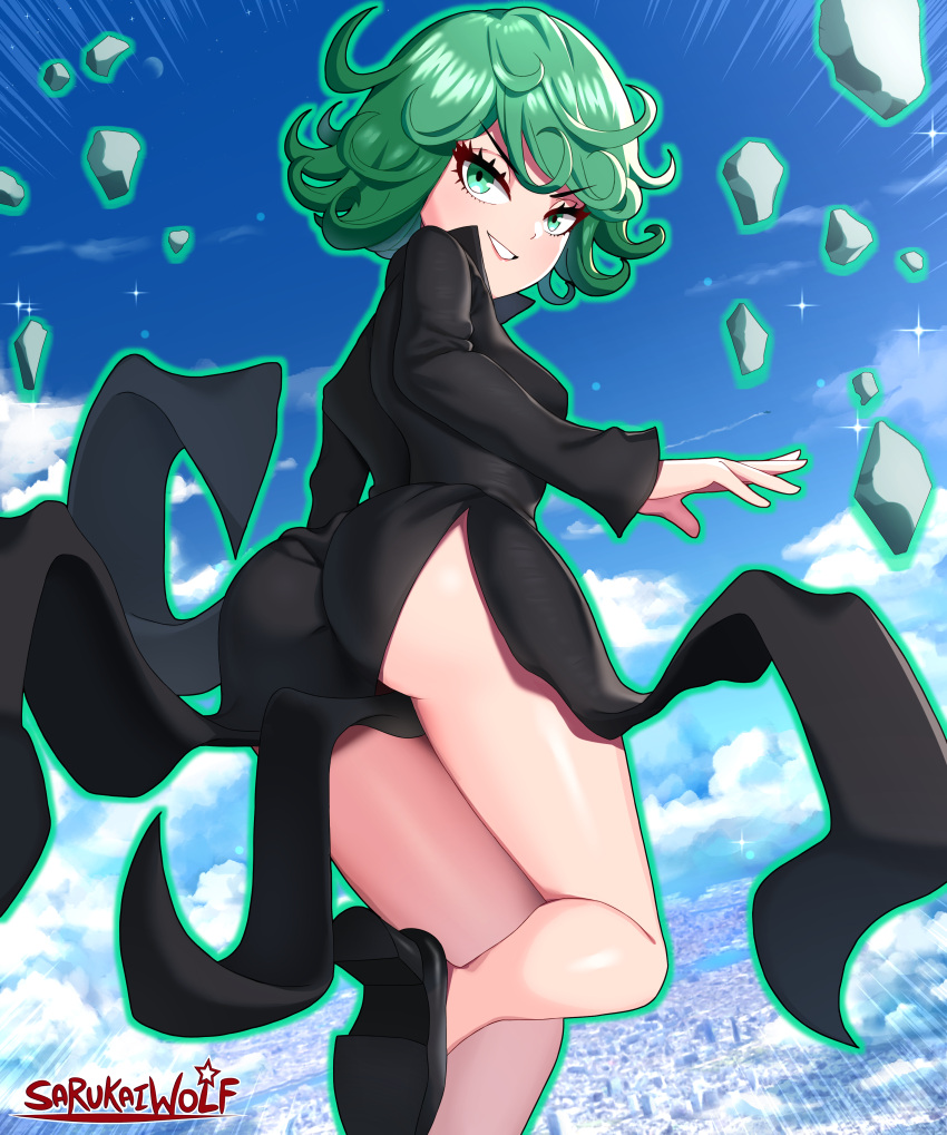 1girl absurdres artist_name ass black_dress blue_sky breasts city clouds curly_hair dress english_commentary flying green_eyes green_hair grin high_heels highres long_sleeves looking_at_viewer looking_back one-punch_man rock sarukaiwolf short_hair sky small_breasts smile solo tatsumaki taut_clothes taut_dress teeth telekinesis thighs v-shaped_eyebrows