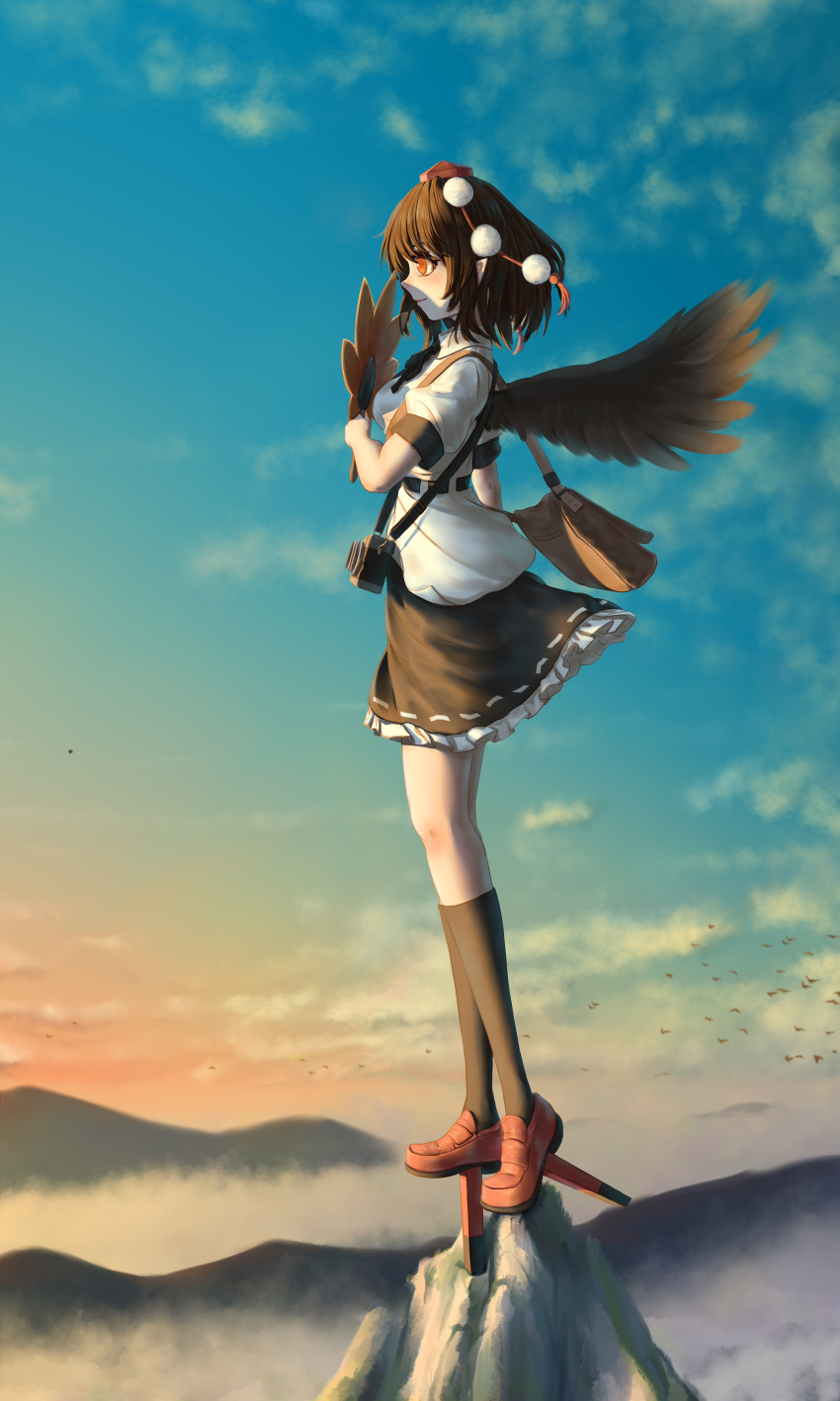1girl absurdres bag bird black_legwear black_skirt black_wings blue_sky brown_bag brown_hair camera camera_around_neck closed_mouth collared_shirt commentary_request eyebrows_behind_hair fasnakegod feathered_wings frilled_skirt frills from_side full_body geta hat hauchiwa highres holding kneehighs messenger_bag mountainous_horizon outdoors pointy_ears pom_pom_(clothes) puffy_short_sleeves puffy_sleeves red_eyes red_footwear red_headwear red_tassel scenery shameimaru_aya shirt short_hair short_sleeves shoulder_bag skirt sky solo tassel tengu-geta tokin_hat touhou twilight white_shirt wings