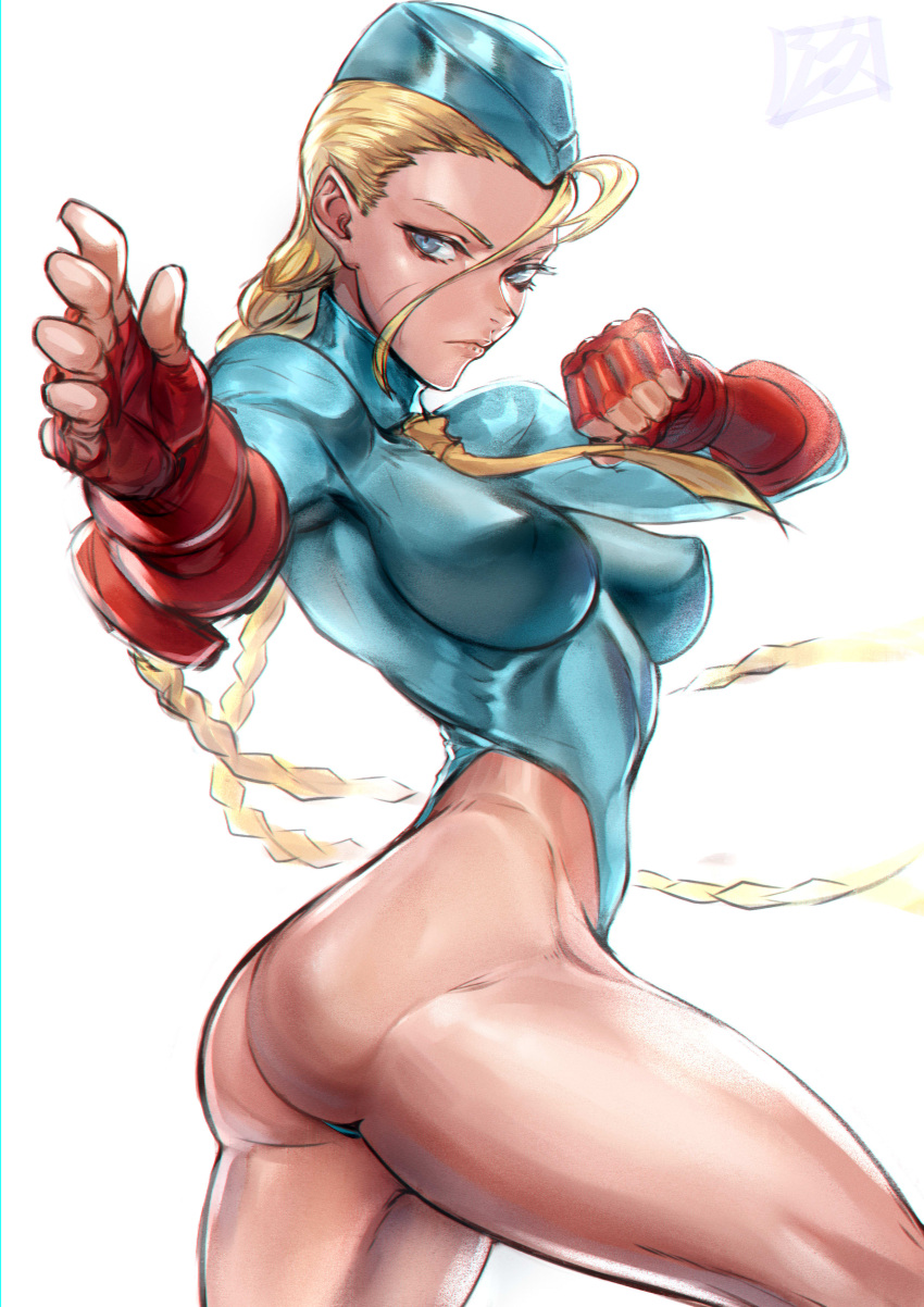 1girl absurdres ahoge ass blonde_hair blue_eyes blue_leotard braid breasts cammy_white clenched_hand closed_mouth covered_nipples cowboy_shot fingerless_gloves forehead from_side garrison_cap gloves hat highleg highleg_leotard highres huge_ahoge impossible_clothes impossible_leotard kyuuakaku large_breasts leotard lips long_hair looking_at_viewer muscular muscular_female necktie nose perky_breasts pose red_gloves scar serious simple_background solo street_fighter thighs thong_leotard turtleneck_leotard twin_braids very_long_hair white_background yellow_necktie