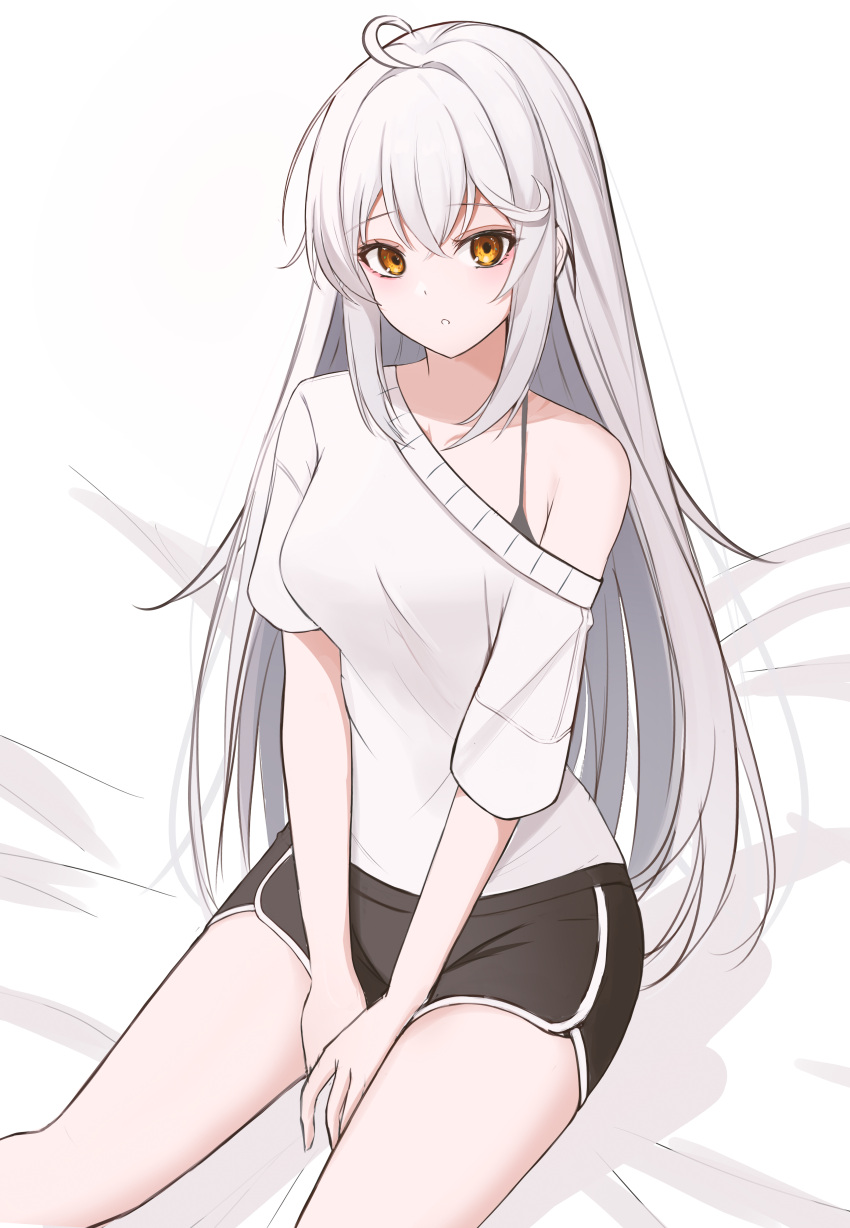 1girl :o absurdres ahoge bangs bed_sheet breasts costone counter:side dolphin_shorts eyebrows_visible_through_hair gaeun_(counter:side) highres long_hair looking_at_viewer medium_breasts off_shoulder shorts sidelocks simple_background sitting solo straight_hair sweater v_arms white_hair white_sweater yellow_eyes