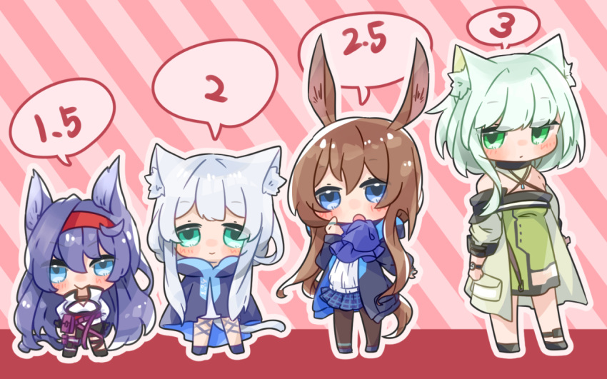 4girls amiya_(arknights) animal_ear_fluff animal_ears arknights bangs bare_shoulders black_hair black_jacket blaze_(arknights) blue_eyes blush brown_hair cat_ears cat_girl cat_tail chibi closed_mouth commentary_request dress expressionless eyebrows_visible_through_hair full_body green_dress green_eyes green_hair grin hair_between_eyes hairband jacket kal'tsit_(arknights) long_hair long_sleeves looking_at_viewer medium_hair midzuchi multiple_girls off_shoulder open_clothes open_jacket open_mouth rabbit_ears red_hairband rosmontis_(arknights) shirt silver_hair skirt smile speech_bubble standing tail very_long_hair watch white_shirt