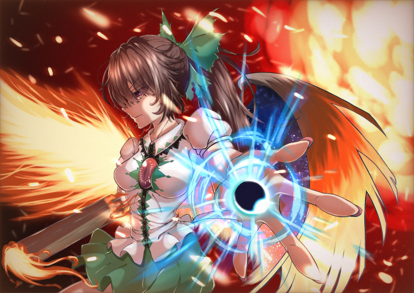 1girl arm_cannon bangs bird_wings black_sun bow breasts brown_eyes brown_hair brown_wings closed_mouth collared_shirt commentary_request control_rod cowboy_shot eyebrows_visible_through_hair fiery_wings fire green_bow green_skirt hair_between_eyes hair_bow highres kisaragi_yuu_(user_kfua8252) long_hair looking_afar medium_breasts mismatched_wings ponytail puffy_short_sleeves puffy_sleeves reaching_out reiuji_utsuho serious shirt short_sleeves skirt solo sun third_eye touhou weapon white_shirt wings