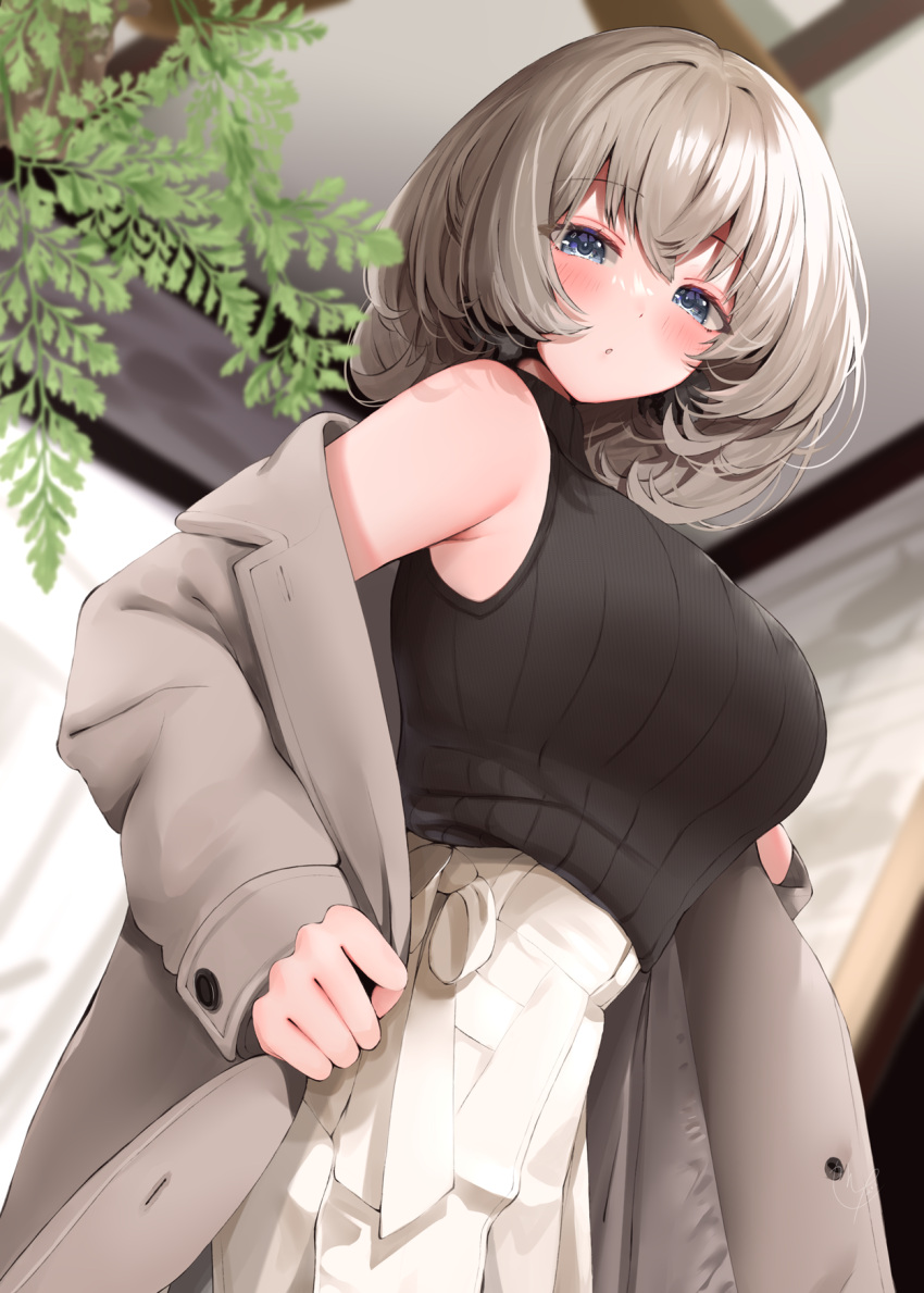 1girl bangs bare_shoulders black_sweater blue_eyes blush breasts buttons coat eyebrows_visible_through_hair grey_hair highres large_breasts looking_at_viewer narushima_kanna open_clothes open_coat open_mouth original plant short_hair skirt sleeveless sleeveless_sweater solo sweater white_skirt