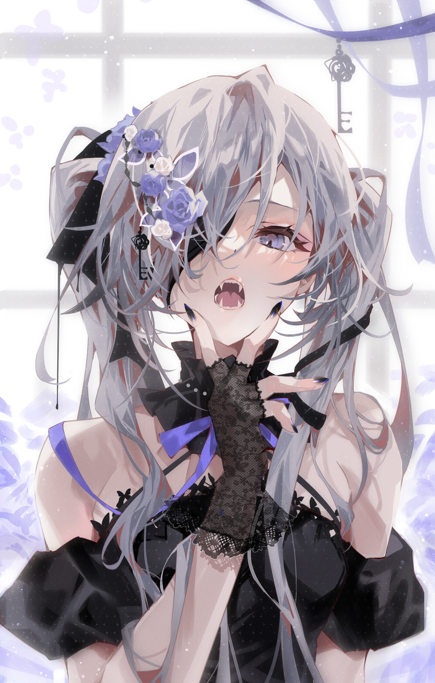 1girl absurdres arutera banned_artist bare_shoulders black_dress black_nails dress eyepatch fingerless_gloves flower gantai-chan gloves hair_flower hair_ornament hair_over_one_eye highres key lace lace_gloves long_hair looking_at_viewer nail_polish open_mouth original purple_ribbon ribbon short_sleeves silver_hair solo twintails upper_body violet_eyes