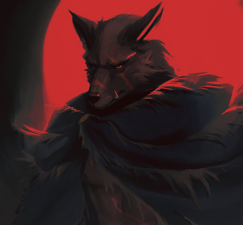 1boy absurdres animal_head blaidd_the_half-wolf cloak elden_ring furry furry_male highres looking_at_viewer male_focus nyiccco red_theme solo tusks upper_body