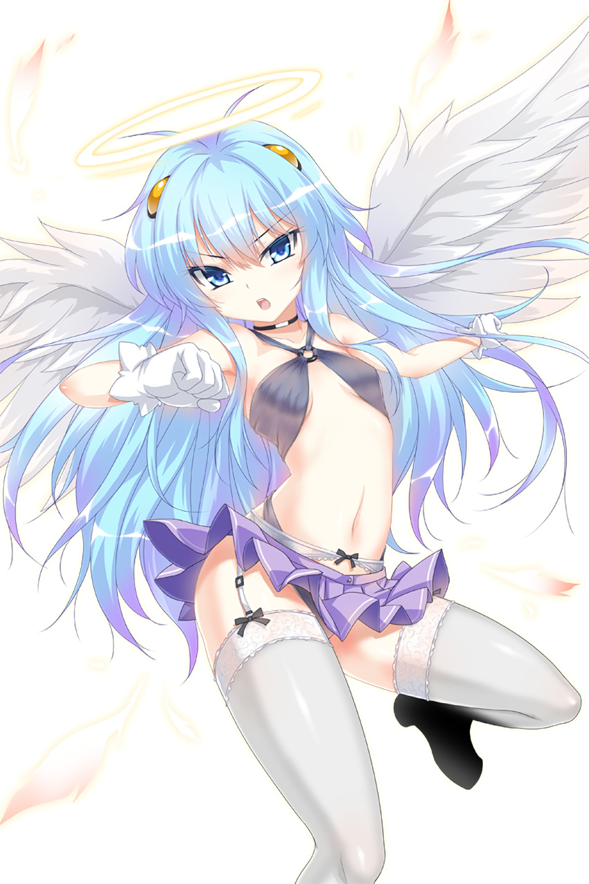 19_(kaitou19) 1girl anael_(soccer_spirits) angel antenna_hair arm_up bare_shoulders black_panties blue_eyes blue_hair boots breasts clothes_lift frilled_skirt frills garter_belt gloves halo head_wings highres leg_up long_hair looking_at_viewer navel official_art open_mouth panties resized shoes sidelocks skirt skirt_lift small_breasts soccer_spirits solo thigh-highs thigh_boots under_boob underwear upscaled very_long_hair white_gloves white_legwear wings