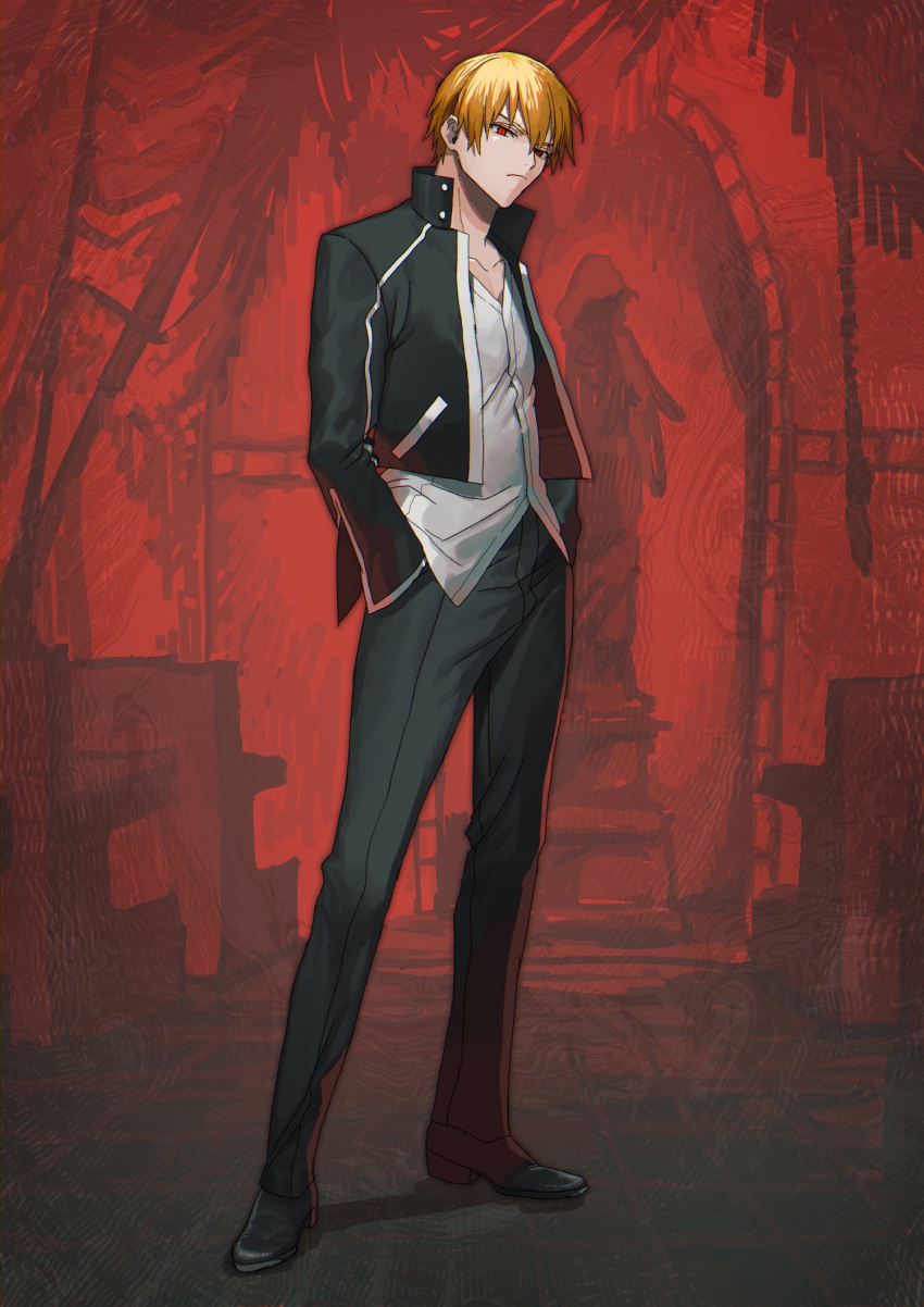1boy bangs black_footwear black_jacket black_pants blonde_hair closed_mouth collarbone commentary_request eyebrows_behind_hair fate/stay_night fate_(series) frown full_body gilgamesh_(fate) gilgamesh_(immoral_biker_jacket)_(fate) hair_between_eyes hand_in_pocket highres jacket long_sleeves looking_at_viewer male_focus none_(kameko227) pants red_background red_eyes shirt short_hair slit_pupils solo standing white_shirt