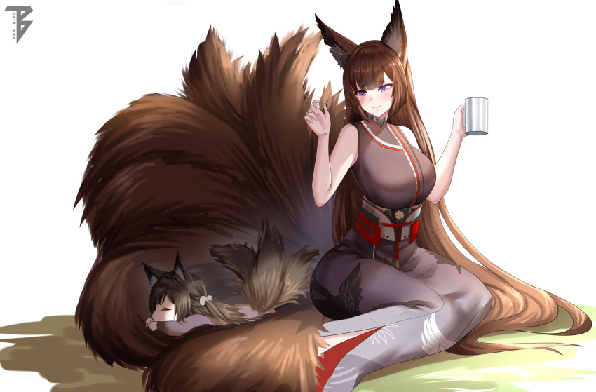 2girls amagi_(azur_lane) animal_ears azur_lane breasts brown_hair commander_cool cup eyebrows_visible_through_hair fox_ears fox_tail highres holding holding_cup japanese_clothes jewelry large_breasts long_hair lying mother_and_daughter multiple_girls multiple_tails on_stomach ring sleeping smile tail twintails very_long_hair violet_eyes wedding_ring white_background