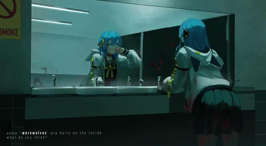 animal_hood bathroom blood blood_on_clothes blood_on_face blood_on_hands blood_splatter blue_eyes blue_hair cat_hood choker english_text highres hololive hood hood_down hoodie hoshimachi_suisei indoors looking_at_mirror lovenshark mirror no_smoking pleated_skirt reflection sailor_collar sign sink skirt solo_focus star_(symbol) unconscious wiping_face