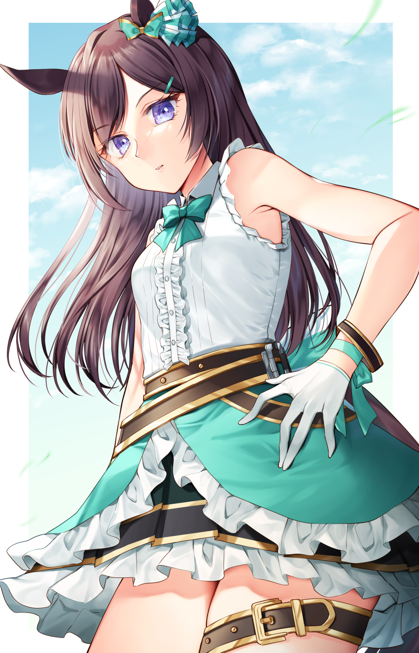 1girl absurdres animal_ears armpits belt bow breasts brown_hair character_request cowboy_shot dress frills from_below gloves green_bow hair_bow hair_ornament highres horse_ears kaede_(mmkeyy) long_hair looking_at_viewer skirt sleeveless solo umamusume white_gloves