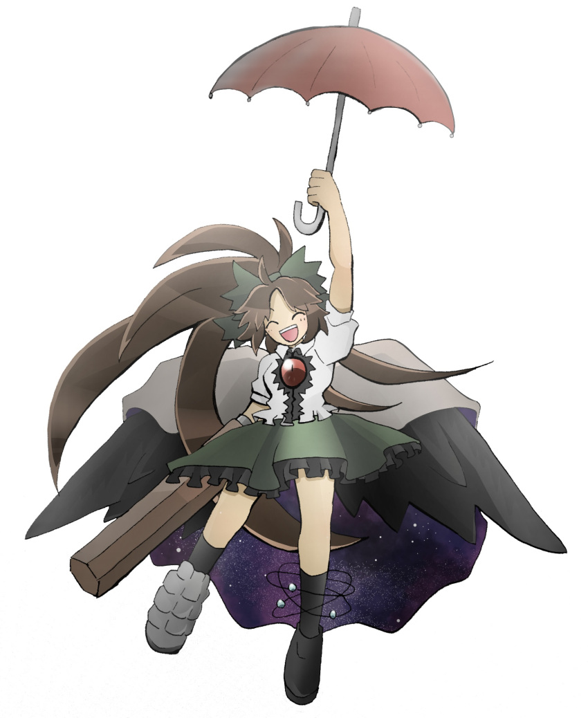 1girl 5515hr :d arm_cannon asymmetrical_footwear atom bangs bird_wings black_footwear black_legwear black_wings bow breasts brown_hair cape closed_eyes collared_shirt commentary_request control_rod frilled_skirt frills full_body green_bow hair_bow highres holding holding_umbrella kneehighs long_hair medium_breasts mismatched_footwear open_mouth ponytail puffy_short_sleeves puffy_sleeves red_umbrella reiuji_utsuho shirt shoes short_sleeves simple_background single_shoe skirt smile solo starry_sky_print teeth third_eye touhou umbrella upper_teeth very_long_hair weapon white_background white_cape white_shirt wings