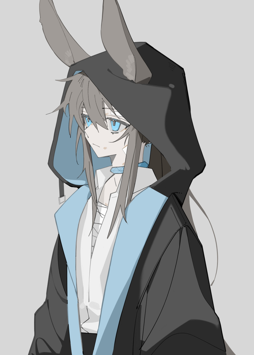 1girl absurdres amiya_(arknights) animal_ear_fluff animal_ears arknights bandages bangs black_jacket blue_eyes brown_hair closed_mouth collared_shirt commentary_request dress_shirt ears_through_headwear eyebrows_visible_through_hair grey_background hair_between_eyes highres hood hood_up hooded_jacket jacket lihuashuangxiang long_hair looking_away rabbit_ears shirt simple_background solo upper_body very_long_hair white_shirt