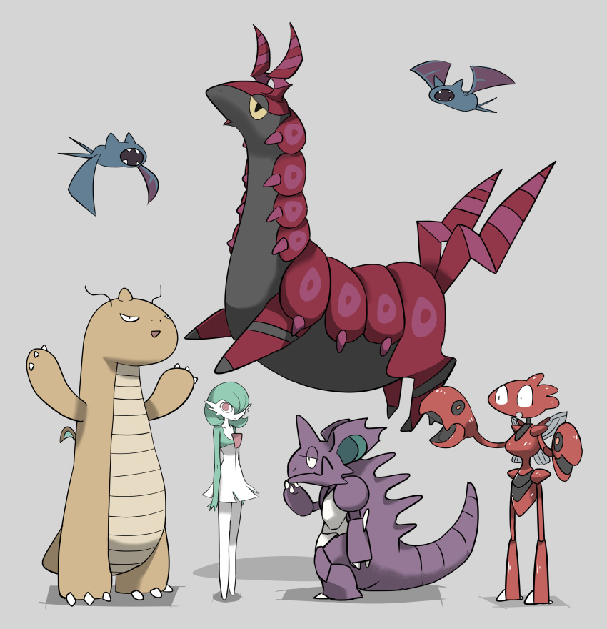 absurdres antennae claws dragonite fangs gardevoir grey_background highres insect_wings nidoking no_humans open_mouth pokemon pokemon_(creature) scizor scolipede shadow simple_background standing tail tirarizun wings zubat