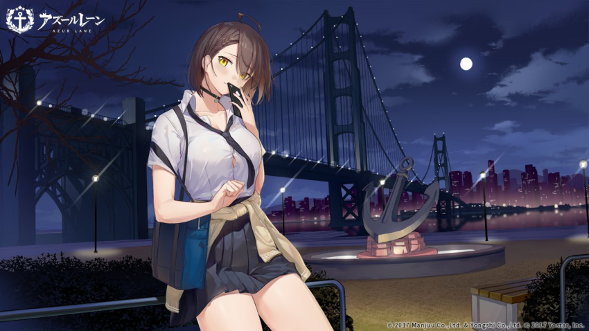 1girl ahoge artist_name artist_request azur_lane bag baltimore_(after-school_ace)_(azur_lane) baltimore_(azur_lane) bangs blush braid breasts bridge brooklyn_bridge brown_hair cellphone choker clothes_around_waist clouds cloudy_sky collarbone copyright_name full_body holding logo looking_at_viewer loose_necktie medium_breasts monument moon necktie night night_sky official_art outdoors phone pleated_skirt school_bag school_uniform shiny shiny_hair shirt short_hair short_sleeves simple_background skirt sky solo sweater sweater_around_waist thighs tied_hair white_shirt yellow_eyes