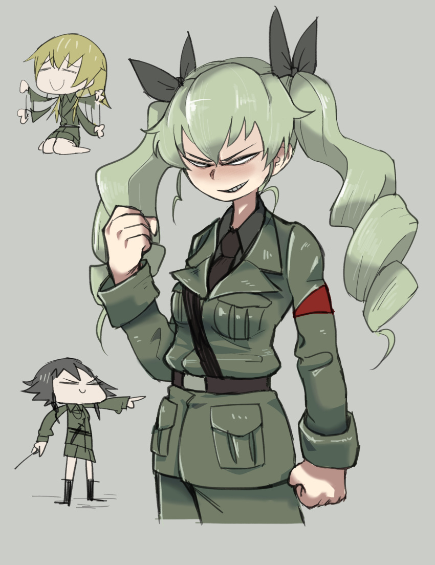 3girls anchovy_(girls_und_panzer) anzio_military_uniform bangs black_hair black_necktie black_ribbon blonde_hair breasts carpaccio_(girls_und_panzer) clenched_hands closed_eyes cropped_legs drill_hair empty_eyes girls_und_panzer green_hair grey_background grin hair_between_eyes hair_ribbon highres holding long_hair long_sleeves military military_uniform multiple_girls necktie pepperoni_(girls_und_panzer) ribbon short_hair simple_background sketch small_breasts smile tirarizun twin_drills twintails uniform