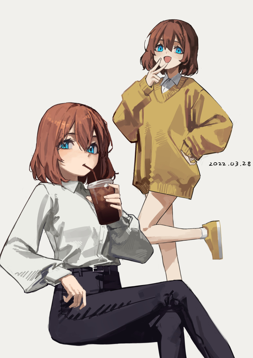 1girl absurdres bangs bare_legs black_pants blue_eyes brown_hair collared_shirt commentary_request crossed_legs cup dated disposable_cup drink drinking_straw_in_mouth hair_between_eyes highres holding holding_drink long_sleeves looking_at_viewer medium_hair multiple_views open_mouth original pants shirt shoes sitting smile sneakers sweater v_over_mouth white_shirt yellow_footwear yellow_sweater yoon_cook