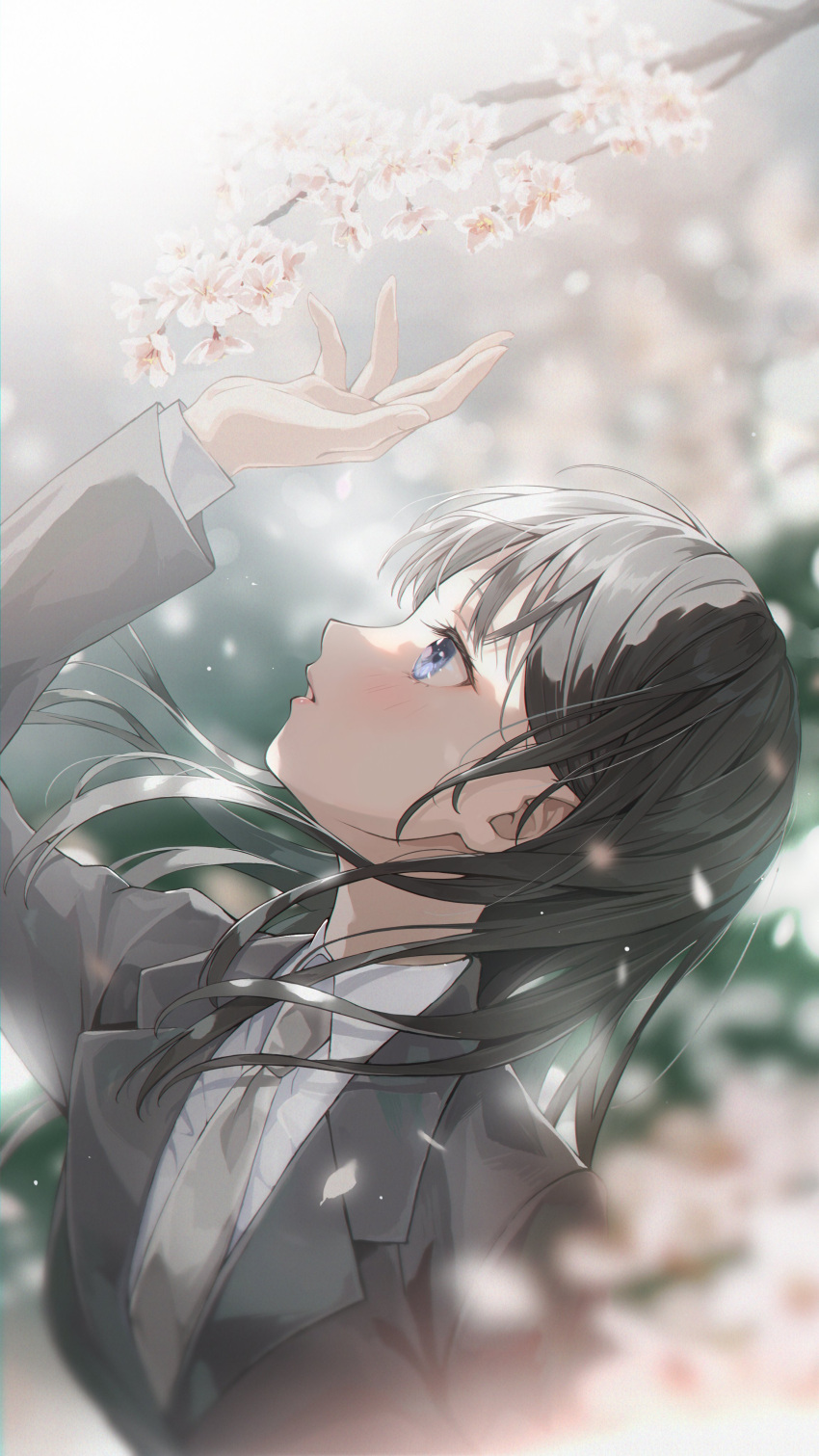 1girl absurdres bangs black_hair blue_eyes blurry blurry_background blurry_foreground blush cherry_blossoms collared_shirt floating_hair formal highres long_hair long_sleeves necktie nobusawa_osamu original petals pink_lips shirt solo tree upper_body