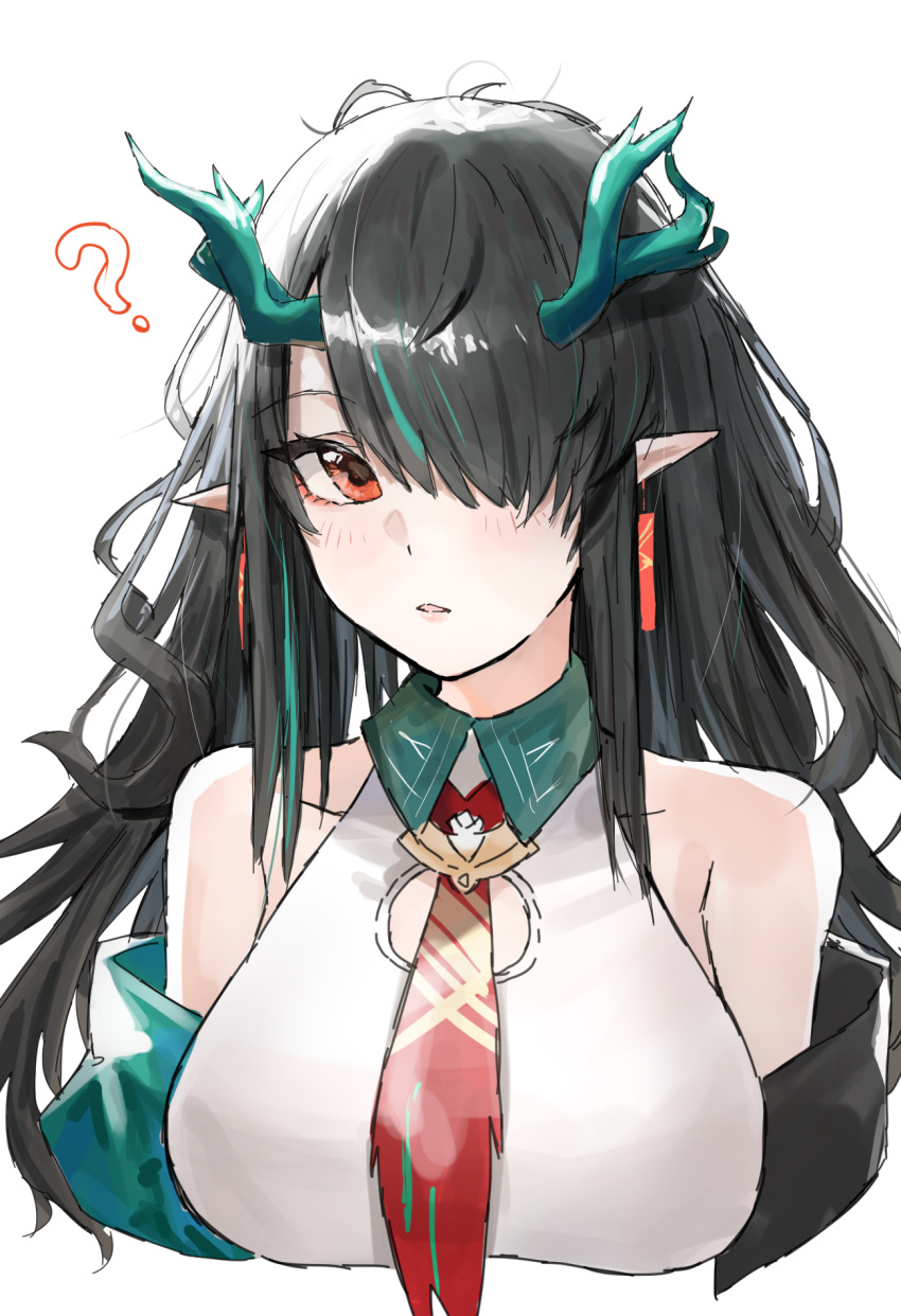 1girl ? arknights bare_shoulders black_hair blush breasts cropped_torso dragon_horns dress dusk_(arknights) earrings green_hair hair_over_one_eye highres horns jewelry large_breasts looking_at_viewer multicolored_hair necktie parted_lips pointy_ears raw_egg_lent red_eyes red_necktie simple_background sleeveless sleeveless_dress solo streaked_hair two-tone_hair upper_body white_background white_dress