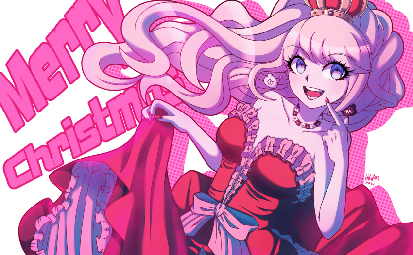 1girl :d bangs bear_hair_ornament blonde_hair blue_eyes bow breasts crown danganronpa:_trigger_happy_havoc danganronpa_(series) danganronpa_10th_anniversary_costume dress dutch_angle enoshima_junko falco_(cyruz) frilled_dress frills hair_ornament highres large_breasts long_hair merry_christmas official_alternate_costume official_alternate_hairstyle ponytail red_dress red_nails shiny shiny_hair smile solo teeth upper_body