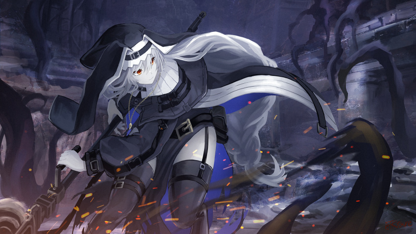 1girl arknights ashes belt_buckle belt_pouch black_dress black_legwear black_panties braid buckle chainsaw closed_mouth dress full_body habit highres holding holding_weapon jewelry leaning_forward long_hair long_sleeves looking_back necklace nun pale_skin panties pelvic_curtain pouch red_eyes ruins sentou_kouhei_kitsune signature silver_hair single_braid smile solo specter_(arknights) standing standing_on_one_leg tentacles thigh-highs thigh_strap thighs underwear very_long_hair weapon