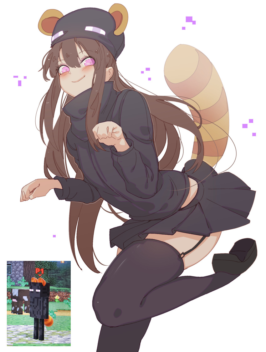 1girl absurdres ander_(at2.) animal_ears at2. black_legwear black_skirt blush brown_hair closed_mouth enderman eyebrows_visible_through_hair garter_straps highres long_hair long_sleeves looking_at_viewer minecraft personification pleated_skirt raccoon_ears raccoon_tail screencap_inset skirt smile solo super_smash_bros. tail thigh-highs violet_eyes