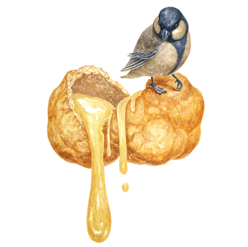 absurdres animal bird bird_request cream_puff food food_focus highres kanou_(pixiv_37964562) no_humans original simple_background traditional_media white_background