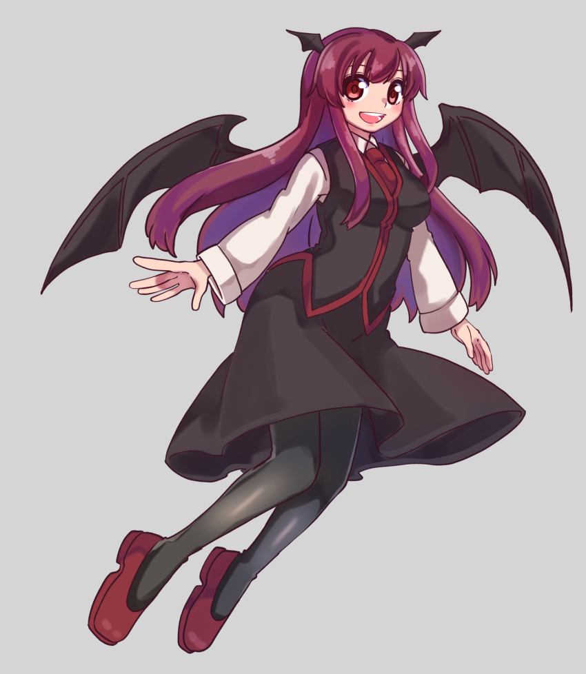 1girl :d bat_wings black_legwear blush breasts dress_shirt flying full_body grey_background head_wings highres koakuma long_hair long_sleeves looking_at_viewer medium_breasts necktie open_mouth pantyhose puffy_sleeves red_eyes red_neckwear redhead renshirenji shirt shoes simple_background skirt skirt_set smile solo teeth touhou upper_teeth vest white_shirt wings