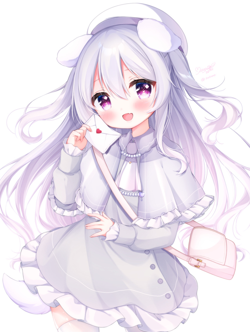 1girl animal_ears ascot bag beret blush capelet collared_dress contrapposto cowboy_shot dog_ears dog_tail dress fang frilled_capelet frilled_dress frills grey_capelet grey_dress hair_between_eyes hanasaki_no_a hat head_tilt heart heart-shaped_pupils highres holding holding_letter letter long_hair long_sleeves looking_at_viewer love_letter open_mouth original short_dress shoulder_bag signature silver_hair simple_background skin_fang smile solo symbol-shaped_pupils tail thigh-highs twitter_username violet_eyes white_background white_headwear white_legwear