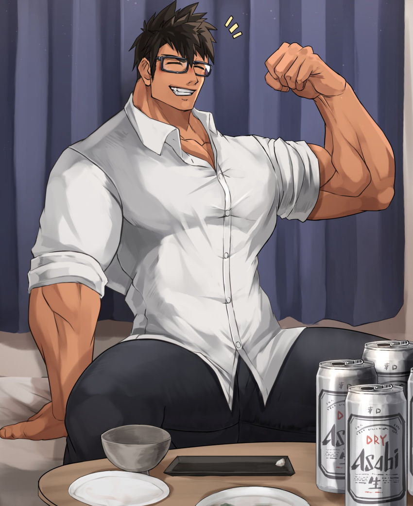 1boy bed beer_can bellsaltr biceps black_hair blush building can closed_eyes collared_shirt cup curtains fang flexing glasses highres large_pectorals male_focus muscular muscular_male on_bed original pants pectoral_cleavage pectorals plate pose shirt sitting sitting_on_bed smirk solo spiky_hair table tan thick_arms thick_thighs thighs tight