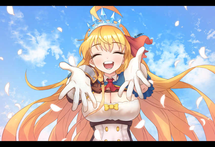1girl absurdres ahoge arikacoco armor blonde_hair blue_sky blush bow breasts closed_mouth clouds eyebrows_visible_through_hair frills gloves highres long_hair open_mouth pauldrons pecorine_(princess_connect!) petals princess_connect! shoulder_armor sky smile solo teeth tiara tongue twitter_username white_gloves yellow_bow