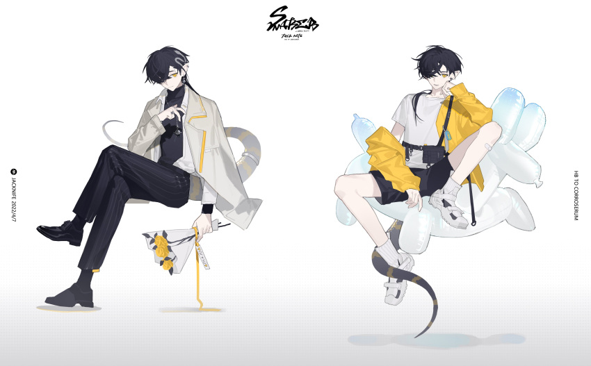 1boy absurdres arknights artist_name balloon balloon_animal bishounen black_hair bouquet corroserum_(arknights) english_text flower formal full_body hair_over_one_eye highres jacket jacknife male_focus one_eye_covered pointy_ears shoes short_hair shorts simple_background sitting slit_pupils socks solo suit white_background yellow_eyes yellow_jacket