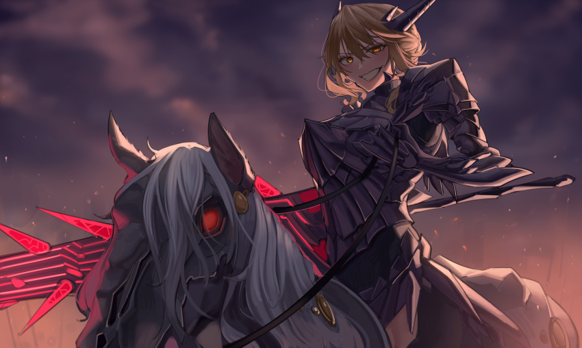 1girl absurdres armor artoria_pendragon_(fate) artoria_pendragon_(lancer_alter)_(fate) black_armor blonde_hair breasts dark_rhongomyniad fake_horns fate/grand_order fate_(series) grin hair_between_eyes hair_bun harris_hero highres holding holding_polearm holding_weapon horns horse horseback_riding large_breasts long_hair looking_at_viewer polearm riding smile weapon yellow_eyes