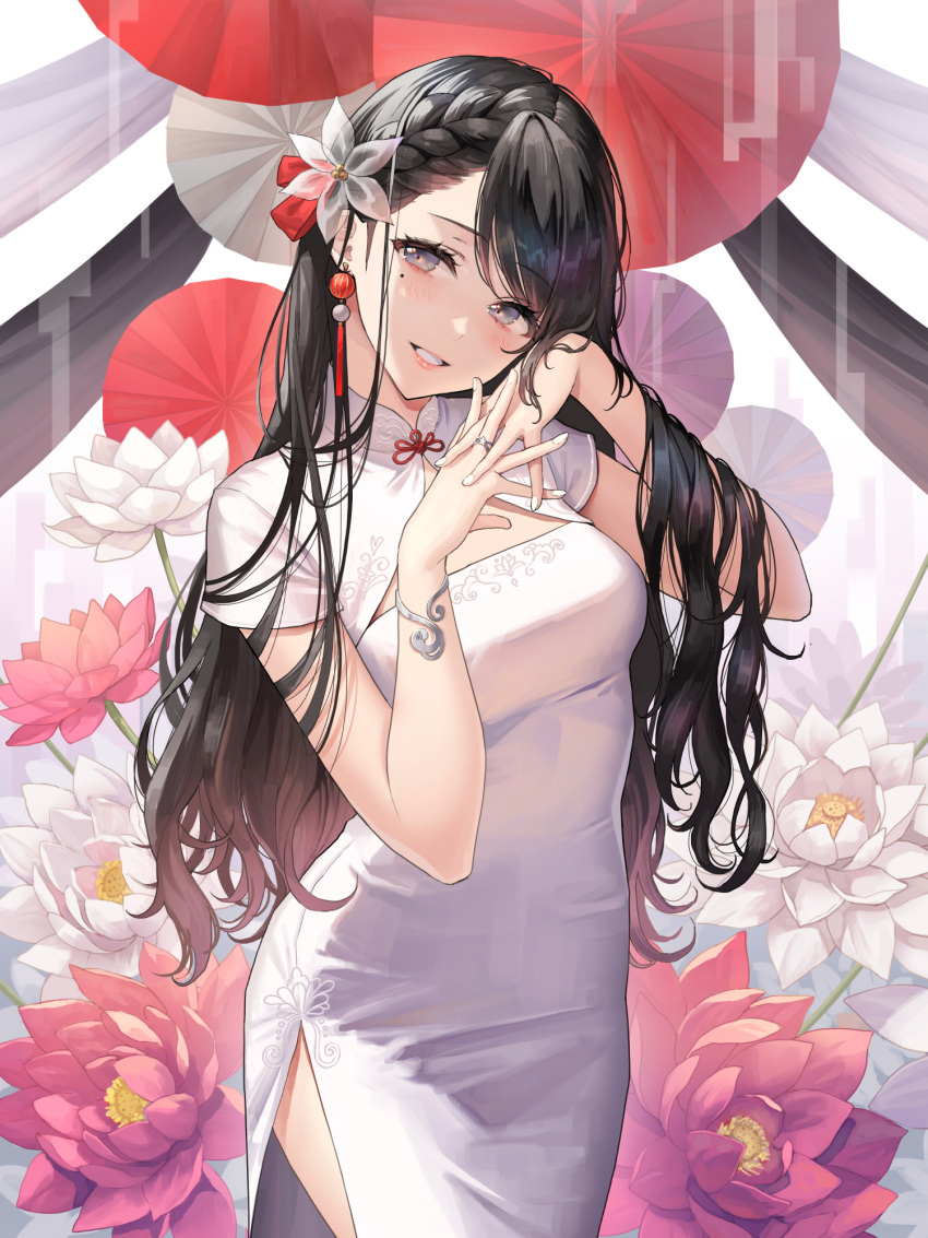 1girl bangs black_hair bracelet braid breasts china_dress chinese_clothes cowboy_shot dress earrings eyebrows_visible_through_hair flower hair_flower hair_ornament highres jewelry long_hair looking_at_viewer medium_breasts mole mole_under_eye okuma_mai original red_flower ring smile solo standing white_dress white_flower
