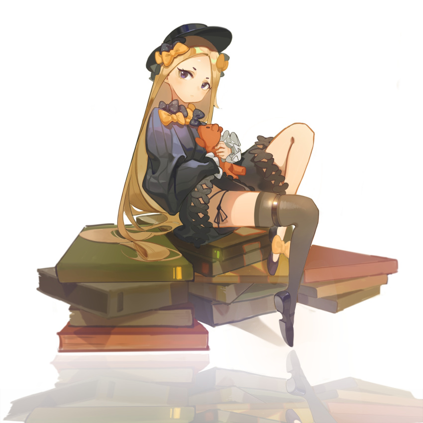 1girl 864577946 abigail_williams_(fate) black_footwear black_legwear blonde_hair book book_stack bow closed_mouth commentary_request eyebrows eyelashes fate/grand_order fate_(series) forehead frilled_sleeves frills full_body hair_bow hat highres holding knee_up long_sleeves looking_at_viewer loose_clothes reflective_floor shoes simple_background single_thighhigh sitting solo stuffed_animal stuffed_toy teddy_bear thigh-highs v-shaped_eyebrows violet_eyes white_background