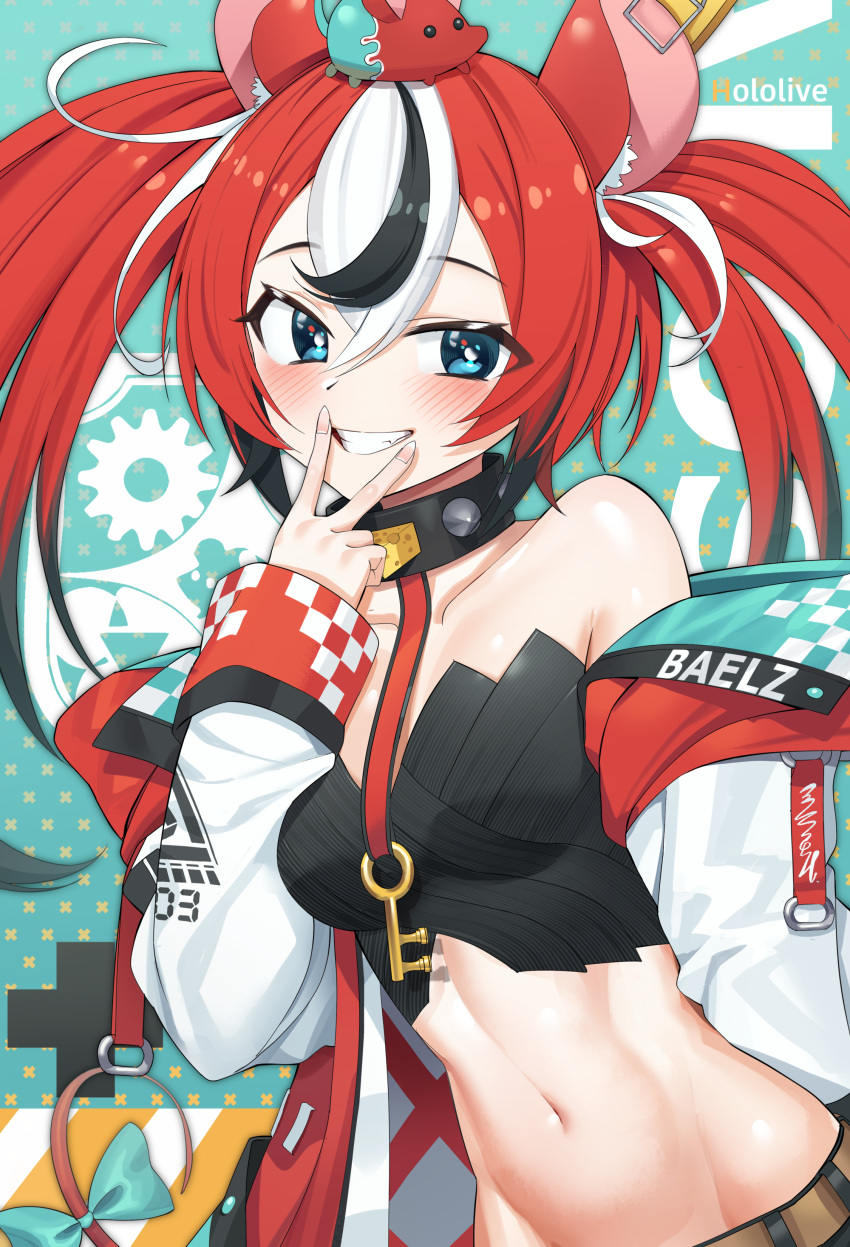 1girl absurdres animal_ears bandeau bare_shoulders blue_eyes breasts collar collarbone crop_top cunnilingus_gesture fang goback grin hakos_baelz highres hololive hololive_english jacket long_hair looking_at_viewer medium_breasts midriff mouse_ears mr._squeaks_(hakos_baelz) multicolored_hair navel off_shoulder open_clothes open_jacket rat redhead revealing_clothes shirt smile solo stomach strapless strapless_shirt tube_top twintails two-tone_hair v virtual_youtuber white_jacket