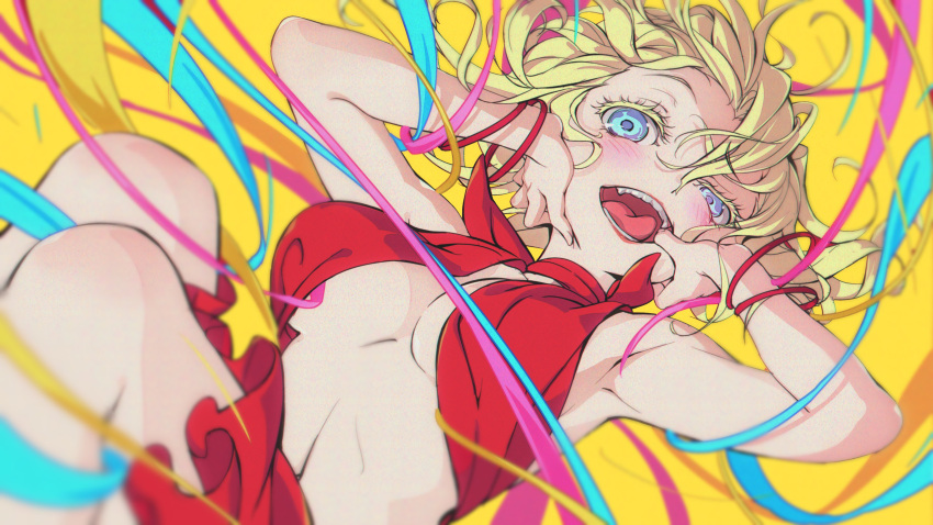 1girl absurdres armpits blonde_hair blue_eyes bracelet breasts dress eyelashes fingernails floating floating_hair highres jewelry looking_at_viewer mouth_pull nobusawa_osamu open_mouth original red_dress solo teeth tongue under_boob yellow_background