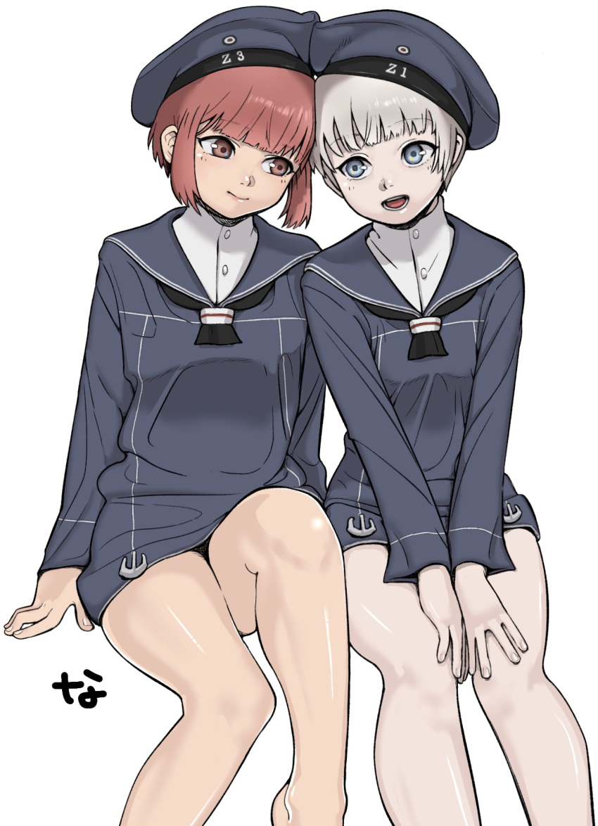 2girls anchor bare_legs blue_eyes brown_eyes dress feet_out_of_frame hat heads_together highres ibispaint_(medium) kantai_collection kriegsmarine looking_at_another multiple_girls nanja open_mouth redhead sailor_collar sailor_dress sailor_hat short_hair silver_hair simple_background sitting smile white_background z1_leberecht_maass_(kancolle) z3_max_schultz_(kancolle)