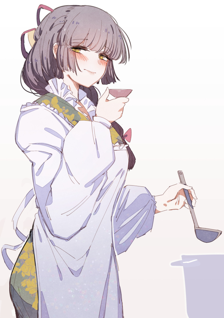 1girl at2. blush bow bowl braid character_request closed_mouth copyright_request eyebrows_visible_through_hair grey_hair hair_bow highres holding holding_bowl holding_ladle ladle lips long_hair long_sleeves looking_at_viewer red_bow single_braid solo yellow_eyes