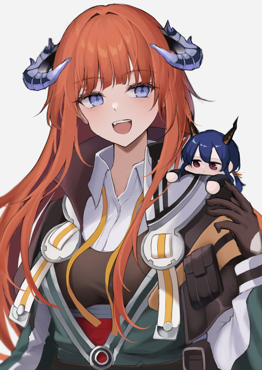 2girls :d absurdres arknights bagpipe_(arknights) bangs black_gloves blue_eyes blue_hair blunt_bangs blush breasts ch'en_(arknights) chibi_on_shoulder collared_shirt dragon_horns eyebrows_visible_through_hair gloves green_jacket highres horns hyakutarou_(momotar0_4) jacket long_hair long_sleeves looking_at_another looking_to_the_side low_ponytail medium_breasts multiple_girls open_clothes open_jacket open_mouth orange_hair shirt simple_background smile teeth upper_body upper_teeth violet_eyes white_background white_shirt
