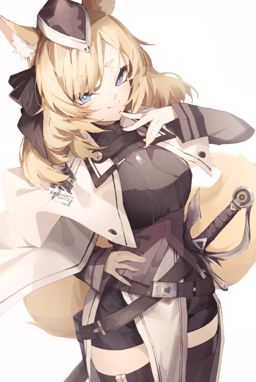 1girl animal_ear_fluff animal_ears ankoro_mochi arknights belt black_legwear black_sleeves blonde_hair blue_eyes breasts capelet closed_mouth commentary cowboy_shot forehead hair_ornament hand_on_hip hand_up hat highres horse_ears horse_girl horse_tail long_sleeves looking_at_viewer simple_background smile solo split_mouth tail thick_eyebrows thigh-highs w weapon weapon_on_back whislash_(arknights) white_background