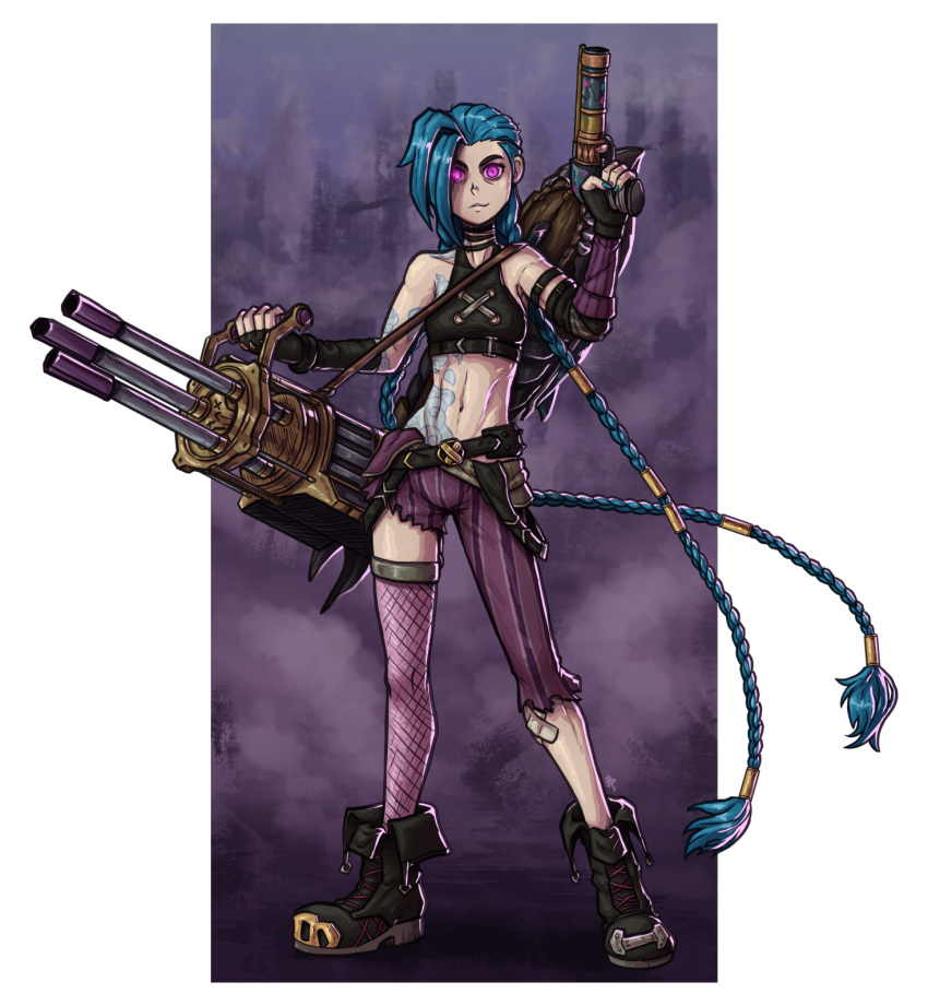 1girl arcane:_league_of_legends arm_tattoo bandaid bandaid_on_leg bare_shoulders belt black_choker black_footwear black_gloves blue_hair blue_nails building choker closed_mouth collarbone covered_collarbone dual_wielding dust dust_cloud elbow_gloves fingerless_gloves fingernails fishnet_legwear fishnets gloves glowing glowing_eyes gun henlp highres holding holding_gun holding_weapon jinx_(league_of_legends) league_of_legends long_fingernails long_hair navel purple_legwear signature single_elbow_glove single_thighhigh smile solo standing stomach_tattoo tattoo thigh-highs torn torn_clothes twintails very_long_hair violet_eyes weapon weapon_on_back