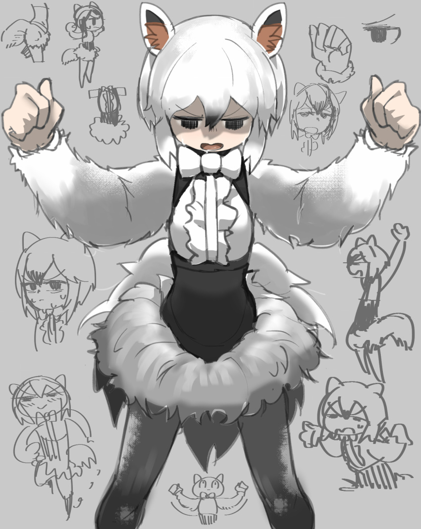 1girl animal_ears bangs black_eyes black_hair black_legwear bow bowtie clenched_hands commentary_request fur fur_trim gradient_hair grey_background hair_between_eyes highres kemono_friends long_sleeves multicolored_hair multiple_views open_mouth pantyhose shaded_face simple_background sketch southern_tamandua_(kemono_friends) sweat tail tamandua_ears tamandua_tail tirarizun white_bow white_bowtie white_hair