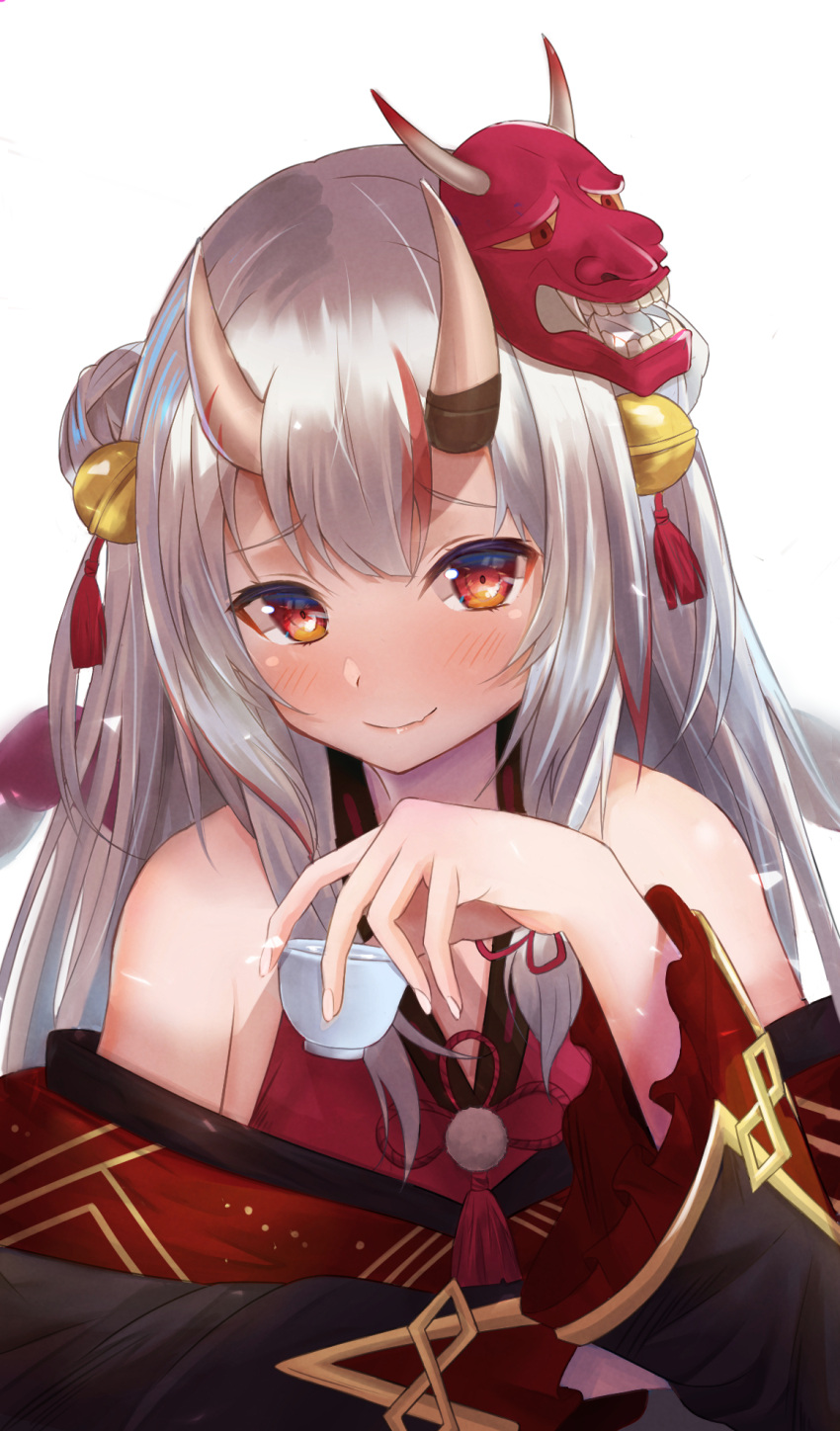 1girl bare_shoulders bell blush choko_(cup) commentary_request cup demon_girl demon_horns double_bun eyebrows_visible_through_hair eyelashes fang forehead frilled_sleeves frills gold_trim grey_hair hair_ornament highres hololive horns japanese_clothes jingle_bell kei8987 long_hair long_sleeves mask mask_on_head multicolored_hair nakiri_ayame red_eyes redhead silver_hair simple_background skin_fang smile solo streaked_hair tassel upper_body virtual_youtuber white_background white_hair wide_sleeves