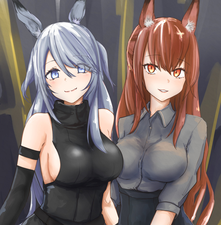 2girls animal_ear_fluff animal_ears aoe_(tiranporan) arknights armband asymmetrical_docking bare_shoulders black_dress black_gloves black_skirt breast_press breasts brown_eyes brown_hair commentary_request dress elbow_gloves fox_ears franka_(arknights) gloves grey_eyes grey_shirt grin high-waist_skirt highres large_breasts long_hair long_sleeves looking_at_viewer multiple_girls parted_lips partial_commentary rabbit_ears savage_(arknights) shirt sideboob silver_hair skirt sleeveless sleeveless_dress smile two_side_up upper_body very_long_hair