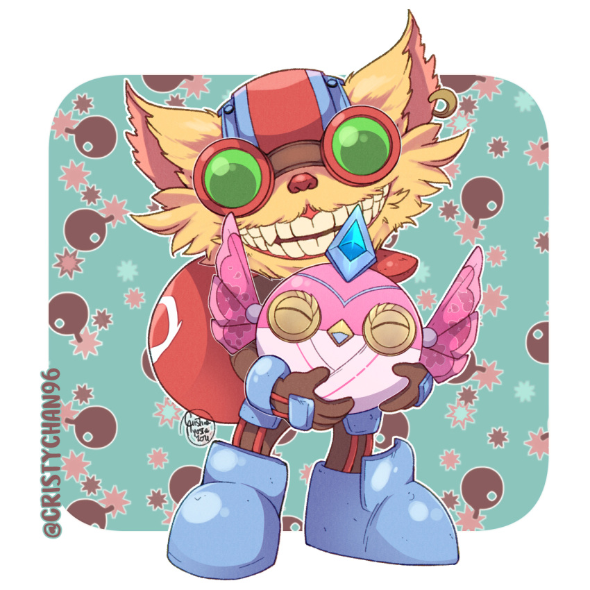 1boy artist_name bangs bomb brown_gloves commission cristychan96 earrings fangs full_body furry furry_male gloves goggles green_background grin highres holding jewelry league_of_legends long_sleeves pants shiny shiny_clothes shoes smile solo standing teeth wings yordle ziggs