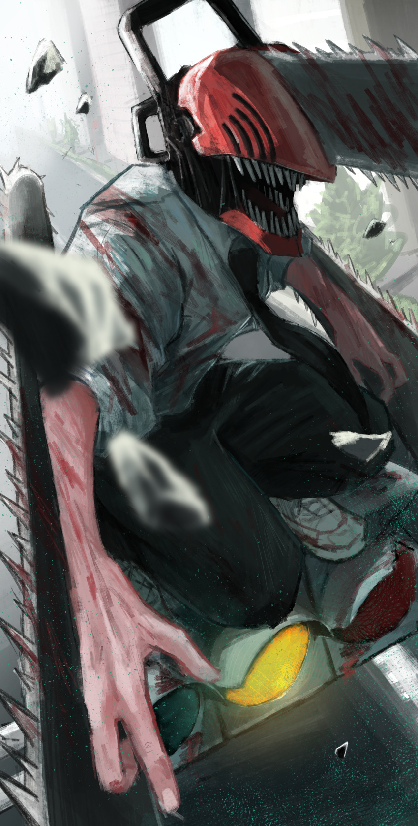 absurdres black_necktie black_pants chainsaw chainsaw_man collared_shirt denji_(chainsaw_man) dokudokuo highres monster_boy necktie open_mouth pants sharp_teeth shirt sleeves_rolled_up teeth white_shirt